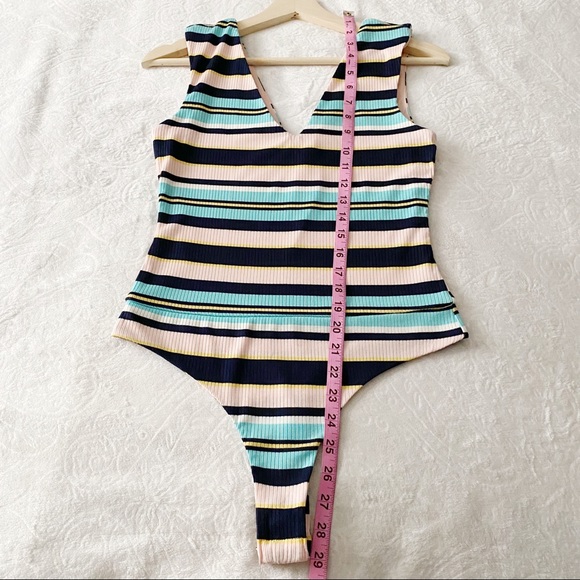 Preppy Colorful Stripe Ribbed V Neck Bodysuit - Picture 6 of 8